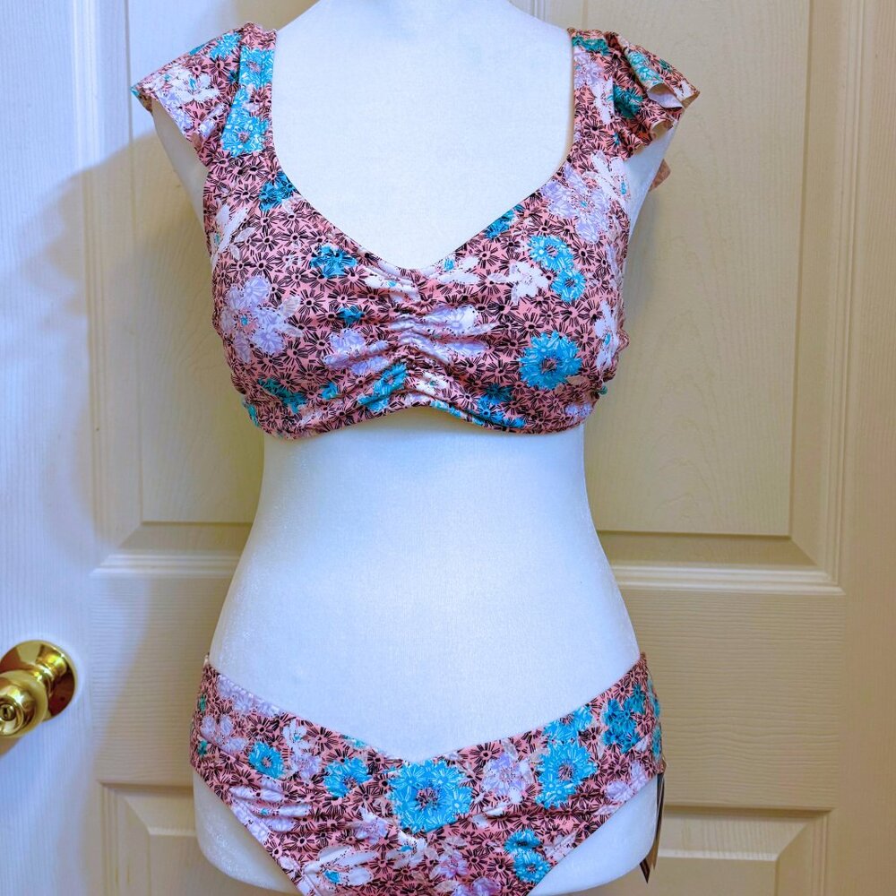 Peach, White, Turquoise Print Ruffle Bikini Set Medium Top Small Bottom - Picture 3 of 6
